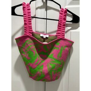 Butter Melon Pink Green Marble Knit Crop Top Ruffle Strap Tank Top Size L NEW
